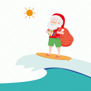 Santa Claus on a surfboard with a bag of presents.