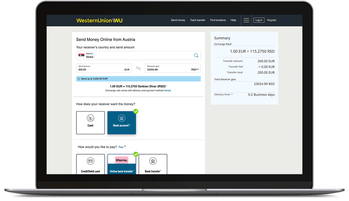 Transfer money online with Klarna I Western Union AT