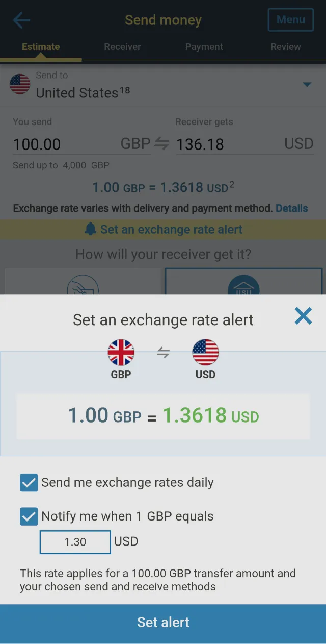 Setting free daily Western Union rate alerts