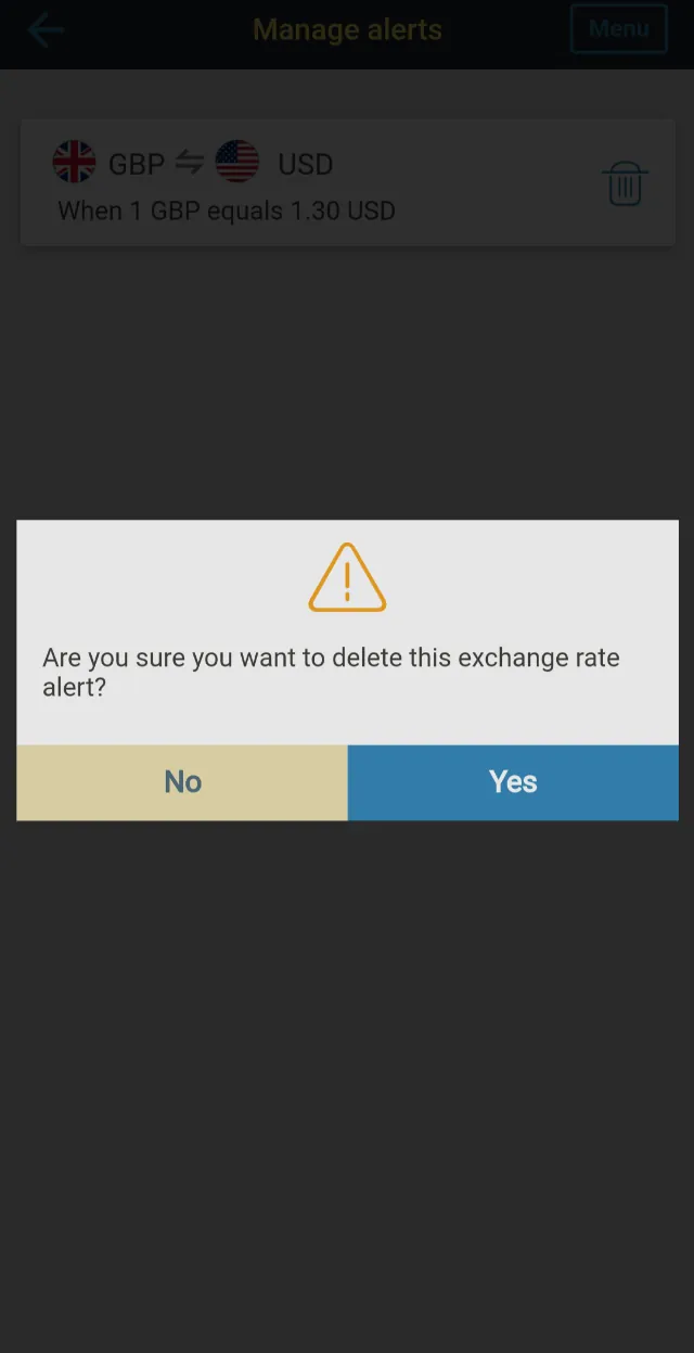 Delete exchange rate alert on Western Union app